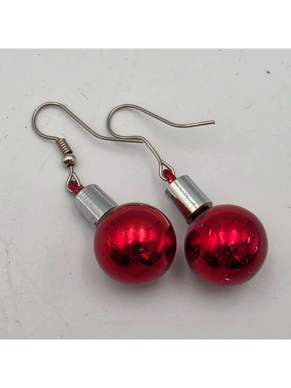 Red Christmas Ornament Hook Earrings Lightweight Holiday 1"